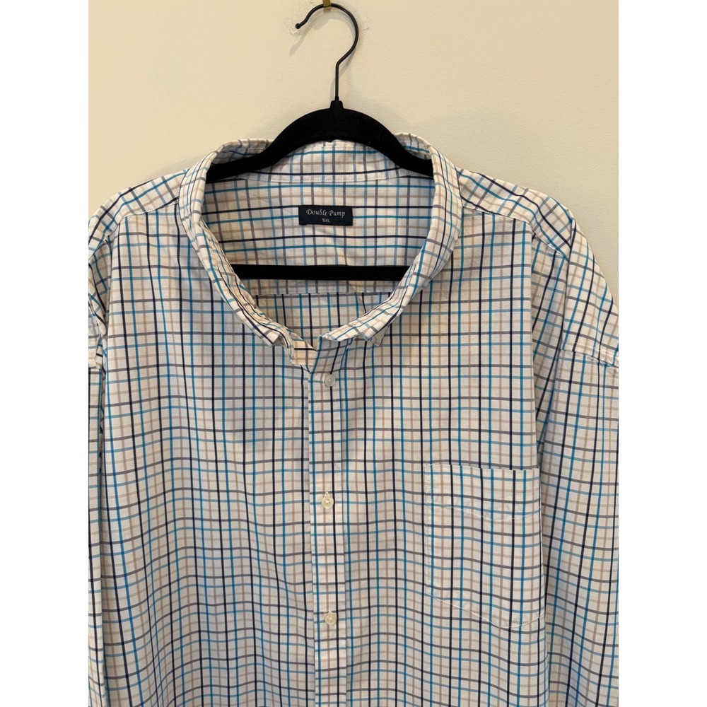 Double Pump Mens 5XL Long Sleeve Plaid Button Down Shirt Blue Tan White Cotton
